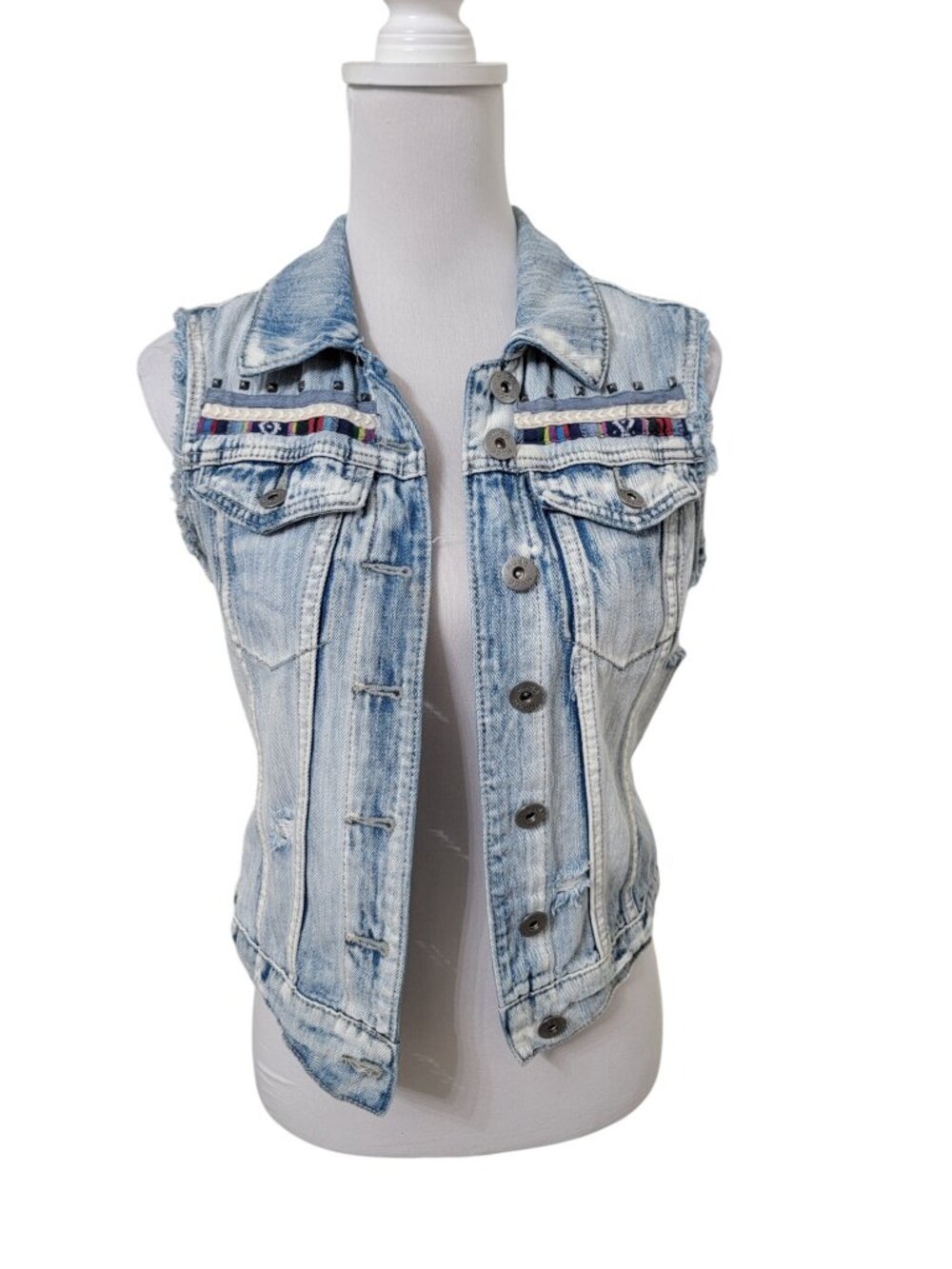 Mudd Size S Denim Distressed Blue Jean Vest, Boho, Button Front